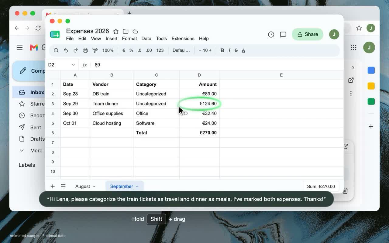 An expense amount marked in green while an English message is dictated
