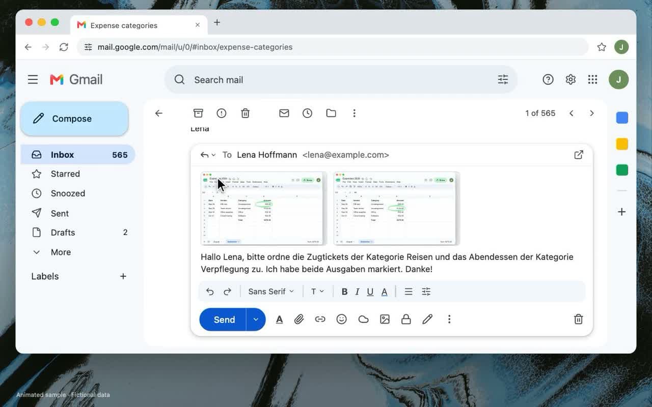 A German Gmail draft accompanied by two marked expense screenshots