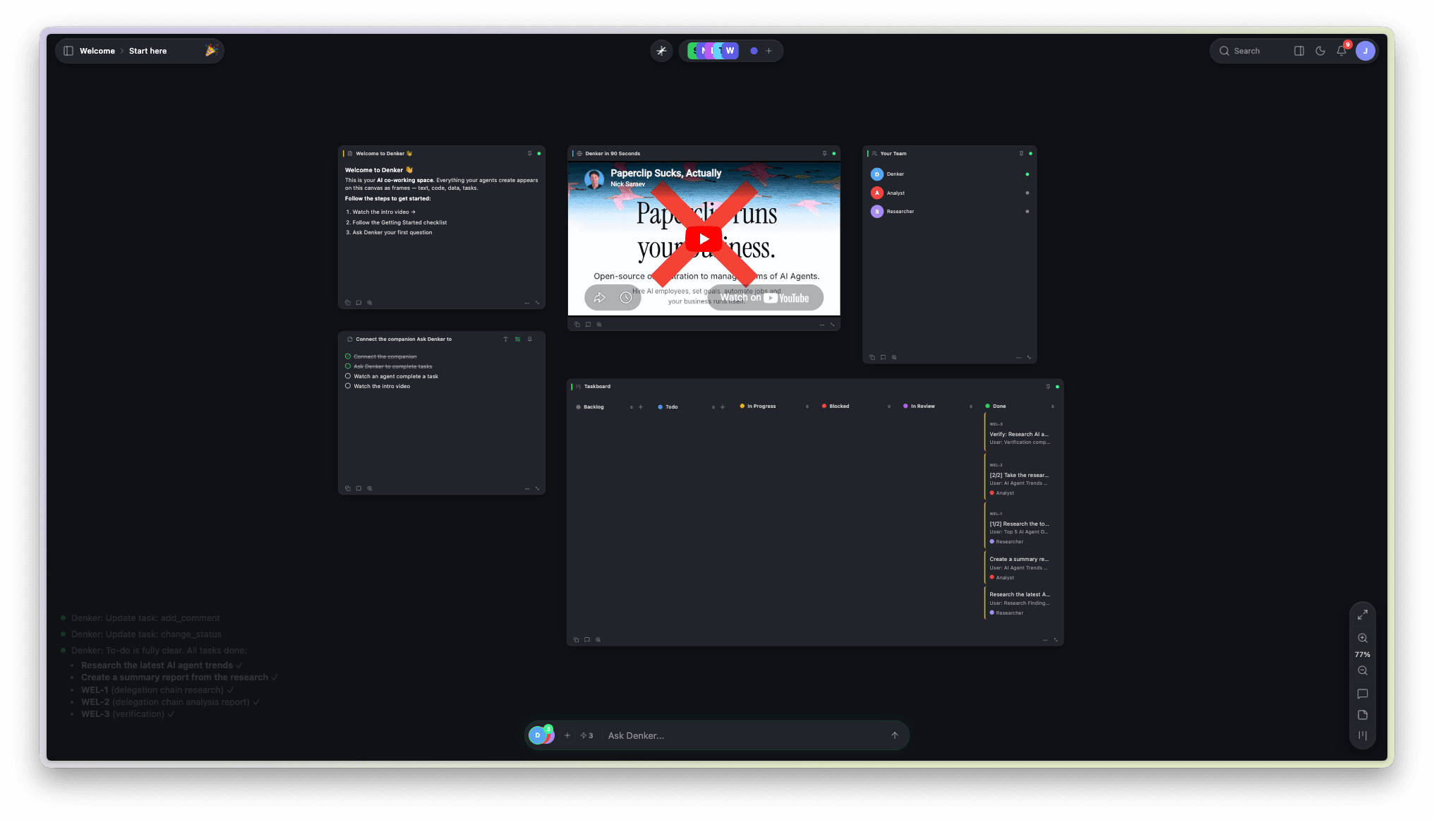 Denker onboarding canvas with welcome guide, intro video, and agent team