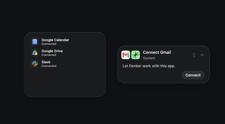 Denker Connection frame showing Google Calendar, Google Drive, and Slack as connected, beside a Connect Gmail suggestion toast.